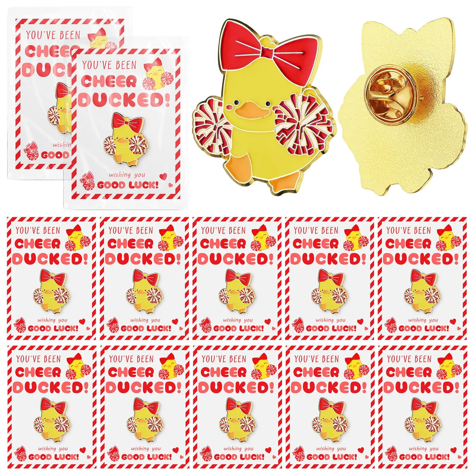 24 Enamel Crafted Cheer Duck Pins (1.38 Inches) with 24 Cheer Cards, Bulk Festive Party Gift for Nurses, Alloy Brooch for Emotional Support, Home & Classroom Decorative Jewelry Accessory