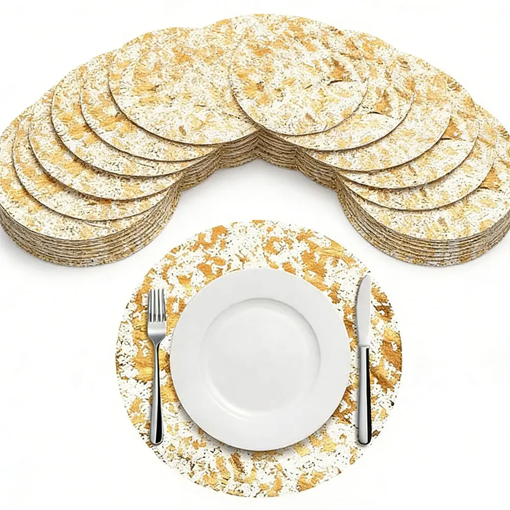 Disposable Placemat Set - Polyester 50-Piece Large Pack 13-Inch Round Gold Foil Embossed Placemats with Metallic Mesh Table Flags, Glam Home & Festive Supplies for Weddings, Anniversary Celebrations, Tableware Set
