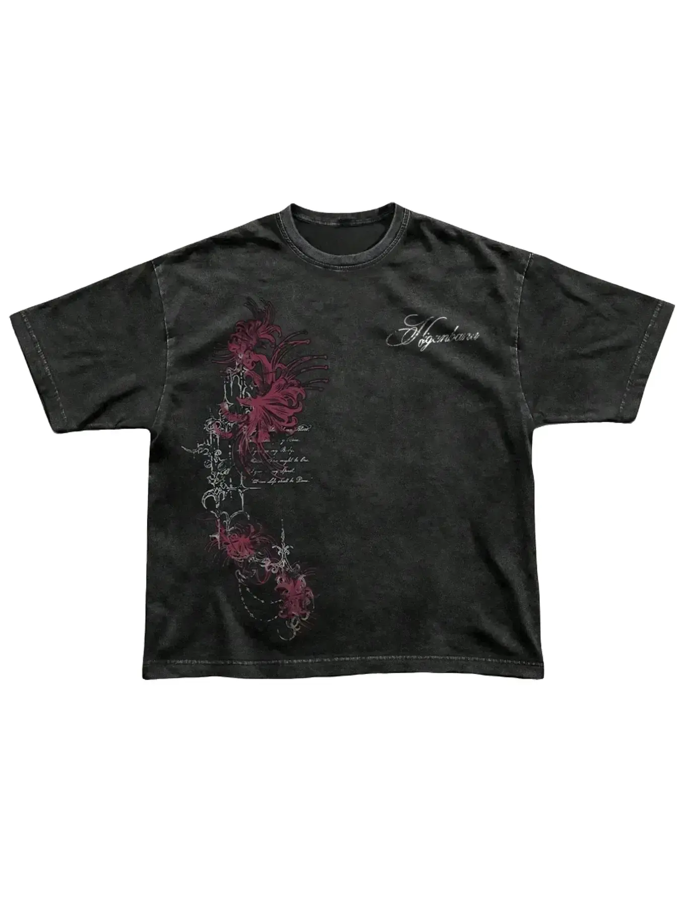 Men's 100% Cotton Washed Vintage Spider Lily Print Oversized T-Shirt, Y2K Dark Gothic High-Street American Retro Streetwear Top, Casual