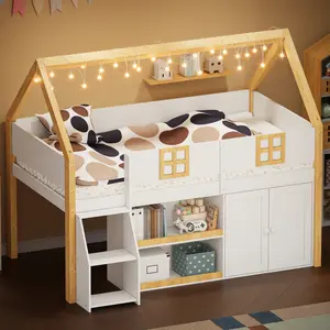 low loft bed with Step Staircase, Shelving, Cabinets and LED lights, White and Natural  It is not just "a bed", but the finishing touch to the bedroom's appearance value