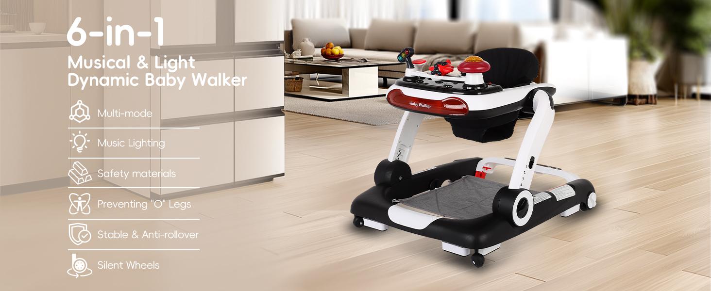SCITOO 6-in-1 Baby Walker, Foldable Activity Walker with Adjustable Height & Speed, Music, Lights, Anti-Rollover, Toddler Push Walker, Baby Walker with Wheels for Boys & Girls 6-18 Months