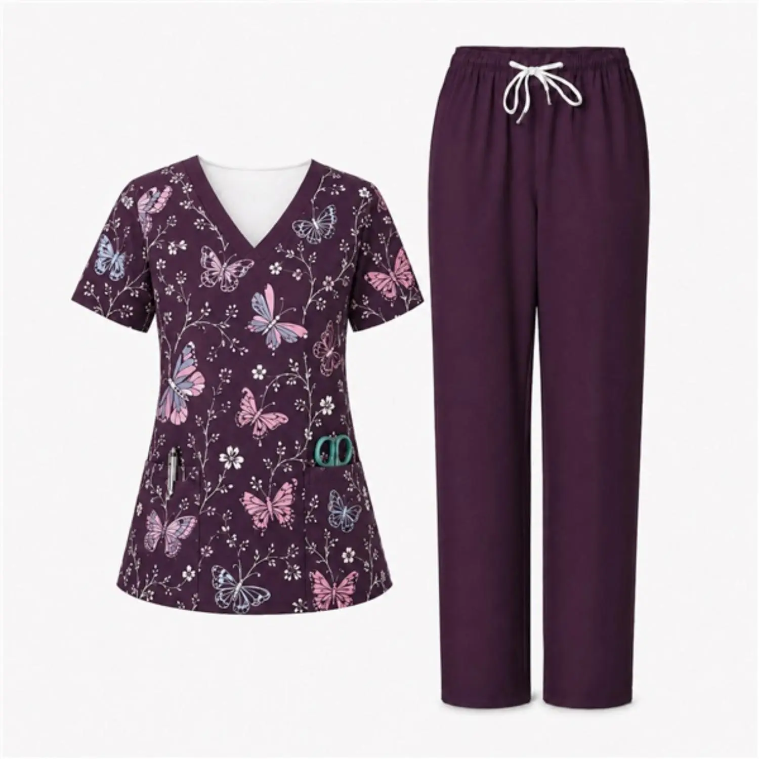 New White Trim Butterfly Print Medical Scrubs Set - Comfy Stretch Nursing Work Outfit - Trendy Must-Have for Healthcare Pros