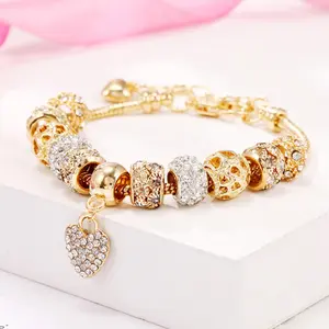 Heart Charm Stainless Steel Beaded Bangles Bracelet For Women with Rhinestone Accents and Gold-Tone Finish