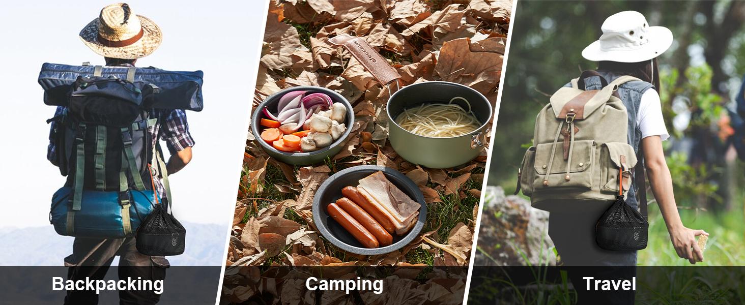 Odoland 10pcs Camping Cookware Non-Stick Camping Pot and Pan Set with Plate Bowl Fork Knife Spoon for Backpacking, Hiking, Outdoor Cooking and Picnic Travel Accessory