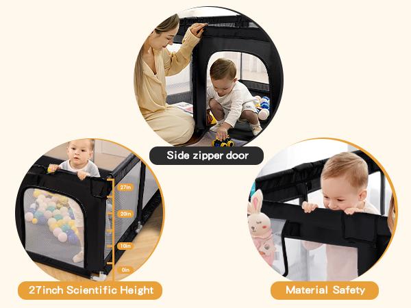 Dearlomum 50"x50"/71"x59" Extra Large Baby Playpen for Babies & Toddlers Safe Activity Center with Soft Play Fence Indoor Safety Yard Easy to Assemble Clean Nonremovable Waterproof Thick Mat  Black/Gray