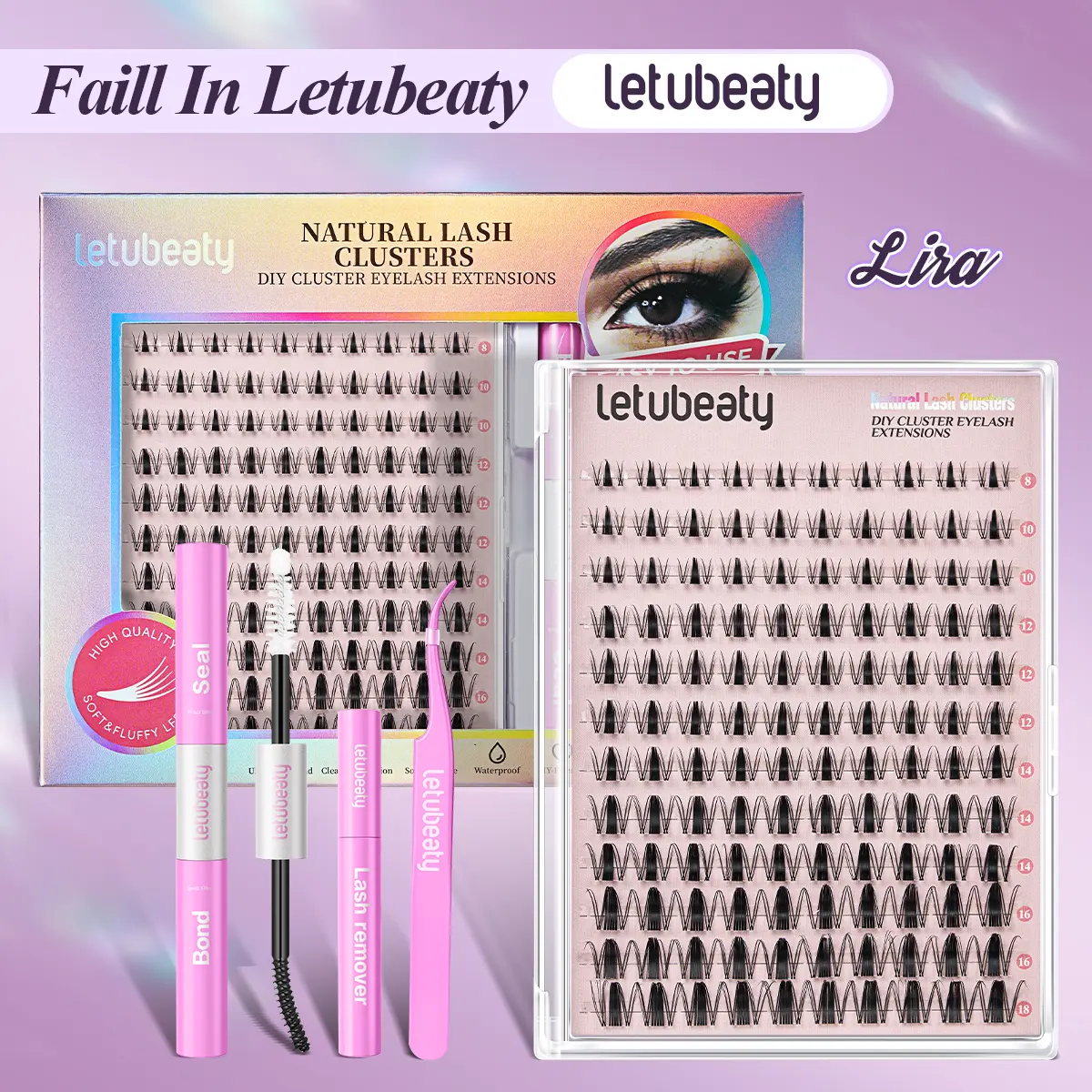 DIY Lash Cluster Kit for Natural Eyelash Extensions - Fluffy B Curl Clusters Lashes with Bond, Seal, Remover & Tweezer, Complete At-Home Makeup Set for Beginners, Soft Cluster Eyelashes, Cluster Lashes