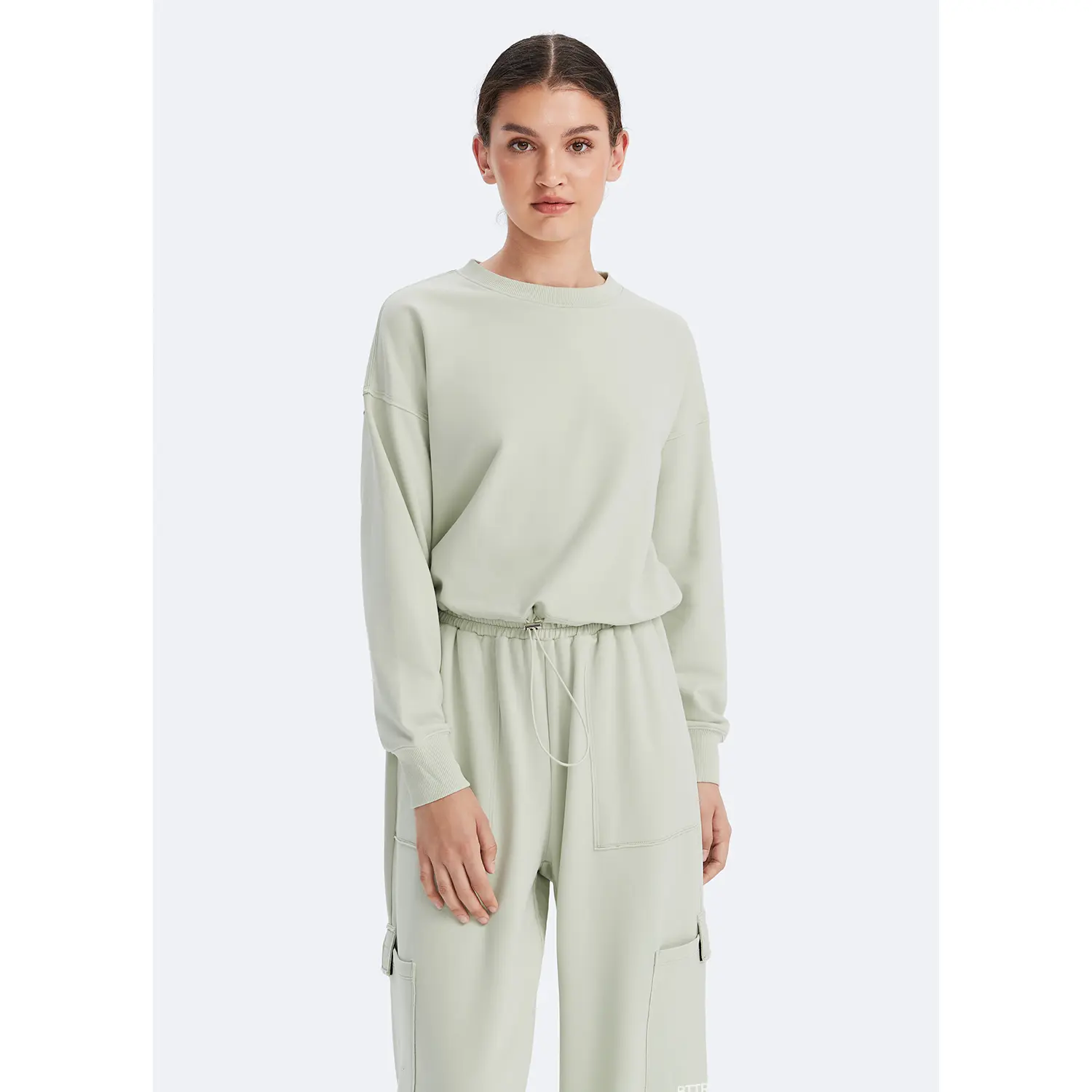 Women's Casual Cropped Sweatshirt, Basic Long Sleeve Pullover with Dropped Shoulders and an Adjustable Drawstring Fit, Tops, Cropped Drawstring Women's Pullover Sweatshirts, Elevated Basic Women's Pullover Sweatshirts