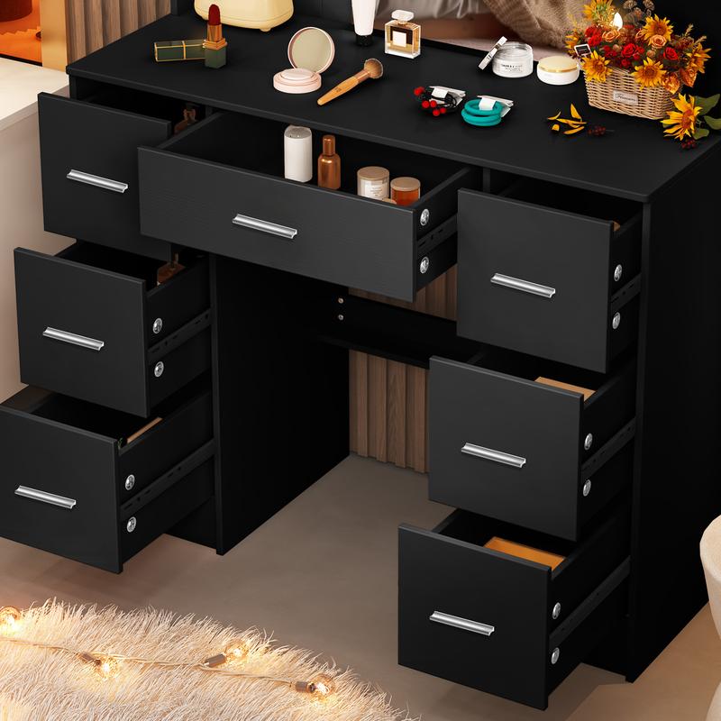 Black LED Dressing Mirror Makeup Table Bedroom Vanity Unit Set with 7 Drawers