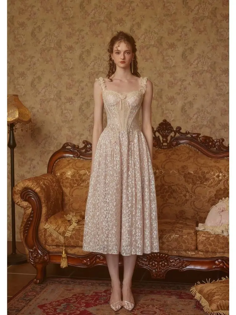 The Glass Candy Corset Dress - Unique 100% Nylon & Gold-Threaded Lace Fabric with Fishbone Support & Exquisite Lace Strap Design Summer Strappy SwimWeek summerwins Sleeveless Womenswear Casual