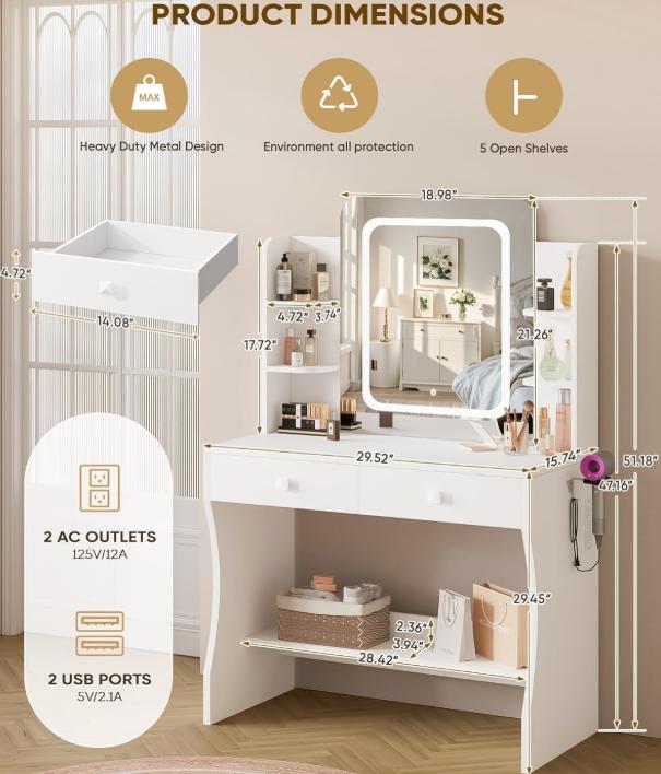 WeCharmer Vanity Desk Set with Round Mirror, Vanity with Lights, Makeup Vanity with Mirror, 3 Lighting Modes, for Bedroom Furniture Table Storage Drawer Modern Design Organizing