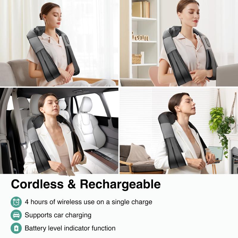 Nekteck Cordless Shiatsu Neck & Back Massager with Heat - 8 Nodes, 3 Intensity Levels, Rechargeable Battery, Ergonomic Design for Pain Relief