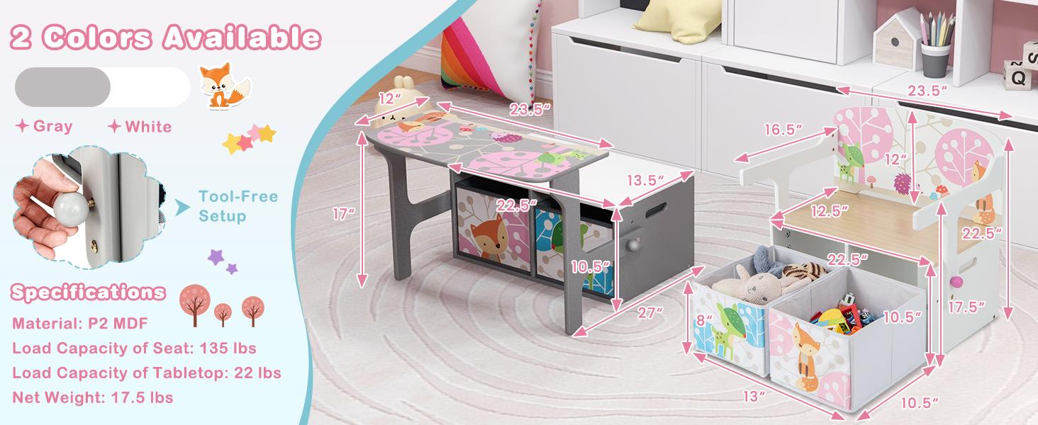 Costzon 3-in-1 Convertible Wooden Toy Storage Bench with Handle, 2 Bins for Kids Reading Nook, Toddler Table and Chair Set for Daycare Playroom Classroom,Christmas Festival Gift Black Friday Cyber Monday