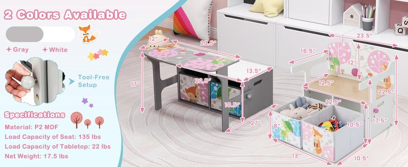 Costzon 3-in-1 Convertible Wooden Toy Storage Bench with Handle, 2 Bins for Kids Reading Nook, Toddler Table and Chair Set for Daycare Playroom Classroom,Christmas Festival Gift Black Friday Cyber Monday
