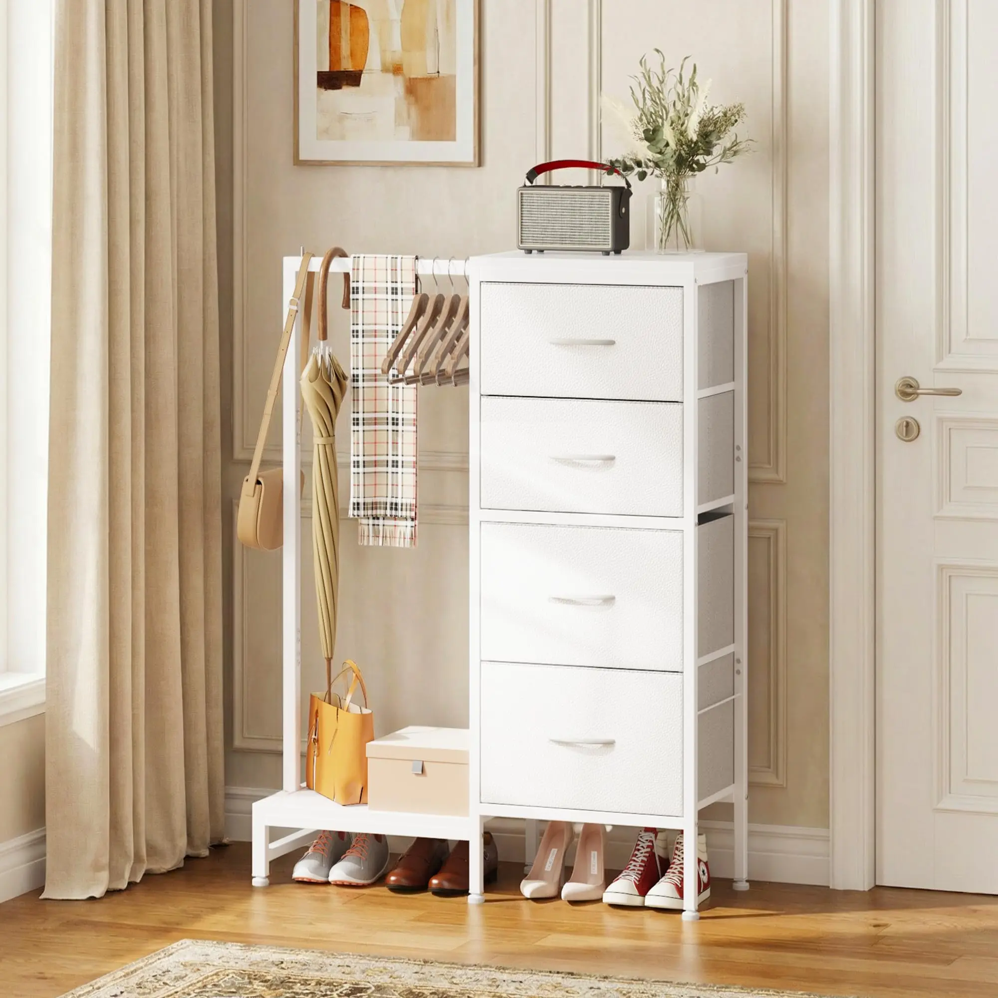 4 in 1 Storage with Hanging Rack, Clothes Rack Shoes Rack, Bag Hook, Tall Storage Tower, Sturdy Frame for Bedroom Entryway Living Room White