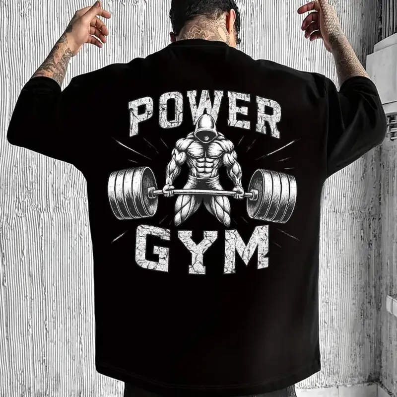 Men's Cool "Power Gym" Bodybuilding Graphic T-Shirt: Black Oversized Tee with Weightlifting Print, Perfect for Fitness Enthusiasts and Street Gym Style