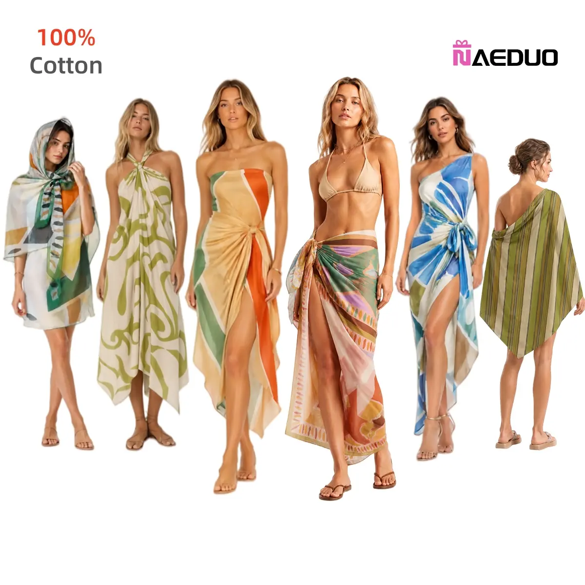 Naeduo Women's Abstract Geometric Print Sarong Pareo, Lightweight Beach Wrap, Versatile Bikini Cover Up, Multi-way Wear as Wrap Skirt or Shawl for Vacation