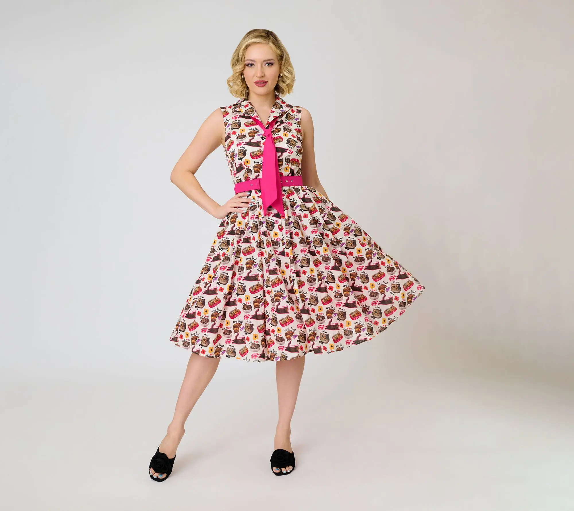 Unique Vintage White Kitschy Cat Print Edith Swing Dress