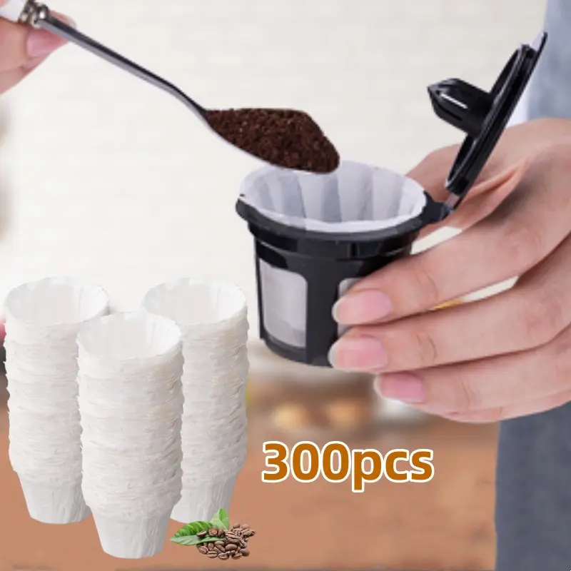 300PCS Disposable Paper Coffee Filters, Paper Filters for Keurig Single Brewer Reusable Cups, K-cup Coffee Pods, Fits All Brands Reusable K Cups