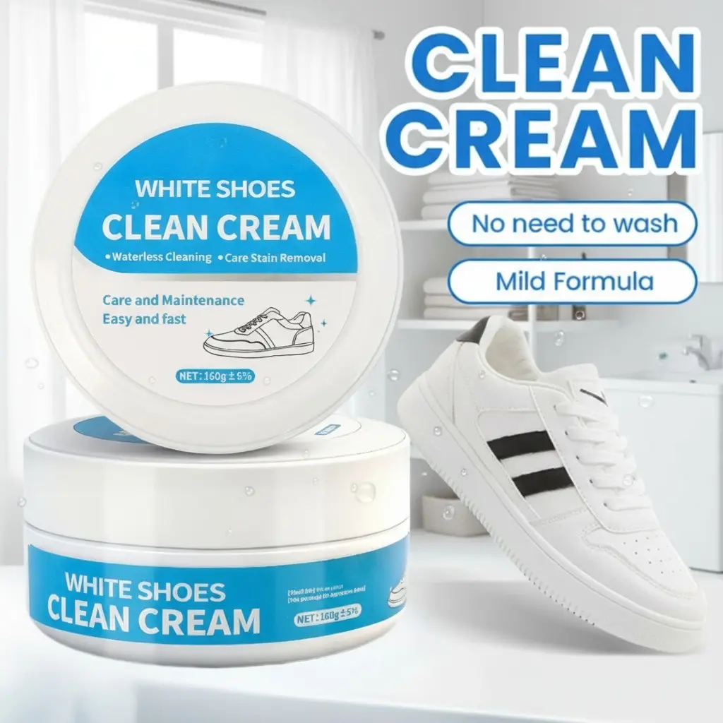 No-Wash Solid White Shoe Cleaner Cream 160g Multipurpose Stain-Removing Formula with Sponge for Leather Silicone Car Interiors Gentle Non-Irritating Eco-Friendly Pedal