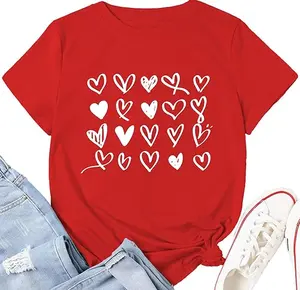 Women's Valentine's Day Themed T-Shirt With Cute Heart Print, Everyday Style, Short Sleeves