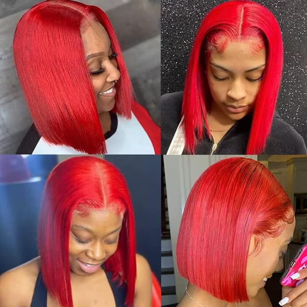 GK Pre Plucked HD Transparent 13X4 Straight Red Blunt Cut Bob Wig Human Hair Lace Frontal Wig With Baby Hair Natural Hairline Glueless 100% Unprocessed Human Hair Red Bob Wigs Lace Front With Black Women