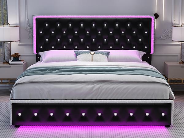 Sibeds Full LED Galaxy Bed Frame Set, Modern Smart Upholstered Platform Bed with Storage Drawers, Crystal Button Tufted Headboard, Solid Slat Support, Noise-Free, No Box Spring Needed, PU & Velvet, Black/White/Gray/Beige