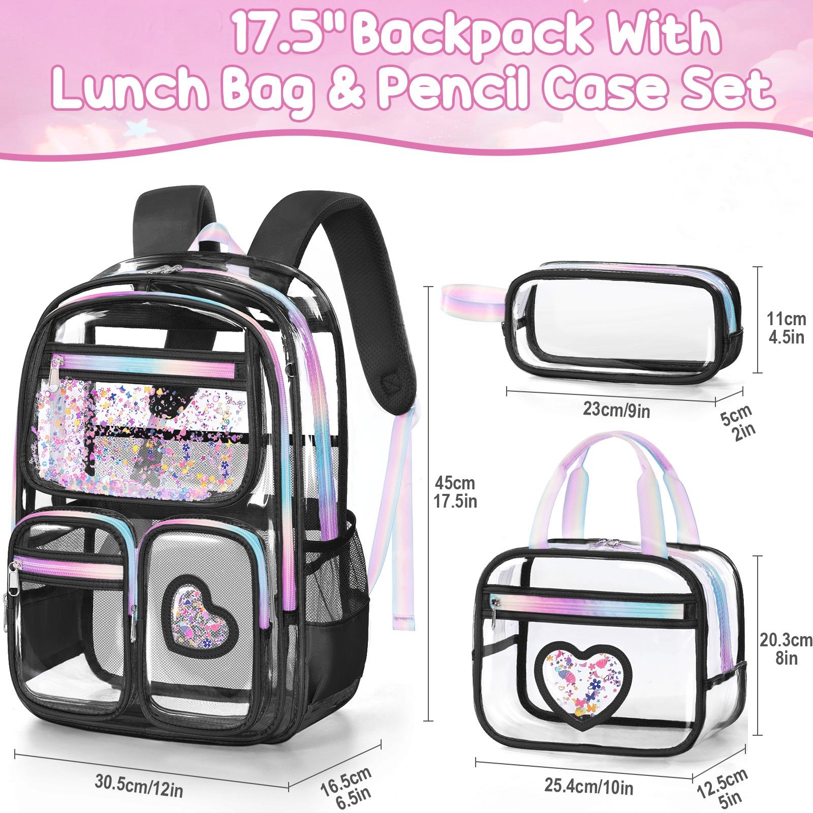 Fimibuke Clear Backpack with Lunch Box & Pencil Case 3PCS Heavy Duty Transparent PVC Schoolbag Large Waterproof Bookbag for Travel School Concert Stadium Events Backpacks