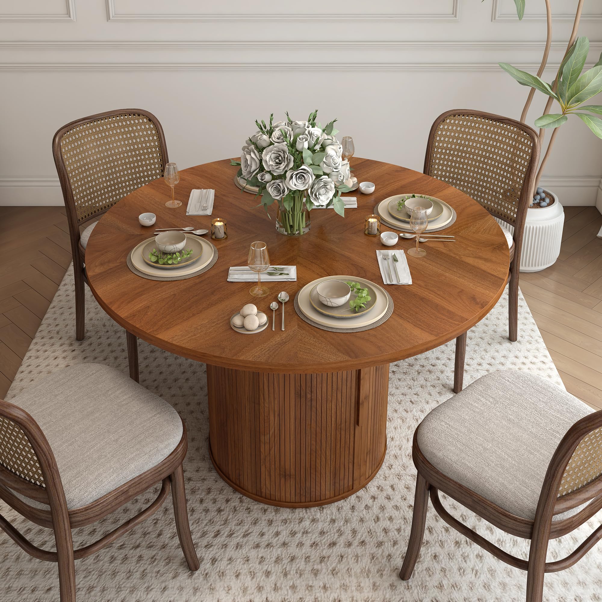 Giratree 47 inch Round Dining Table for 4, Kitchen Table Dinner Table with 2-Layer Storage Shelf and Wood Slide Door for Home Dining Room Living Room Giratree 47 inch Round Dining Table for 4, Kitchen Table Dinner Table with 2-Layer Storage Shelf and Wood Slide Door for Home Dining Room Living Room