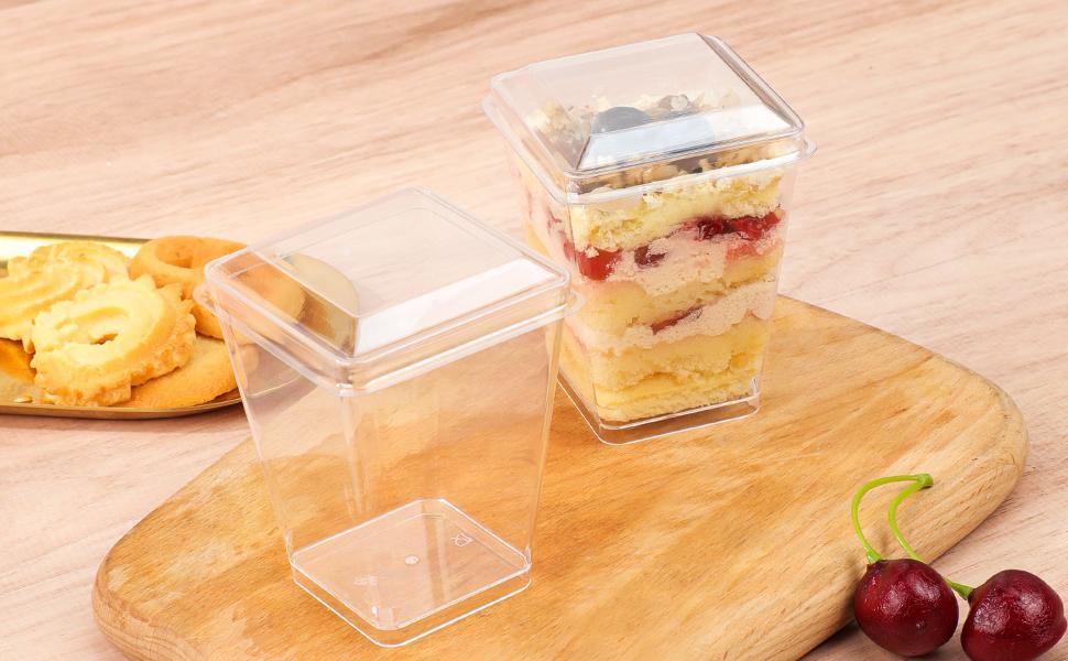 5oz Crystal Plastic Dessert Cups with Lids & Spoons - Disposable Square Parfait Cups for Mousse, Tiramisu, Pudding, Party & Catering