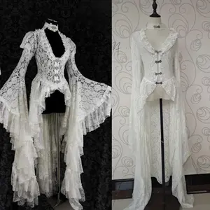 Gothic women's white retro solid color lace trumpet sleeve medieval cardigan role play elegant long tail coat Victorian ball uniform