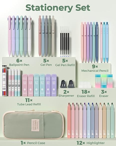 Four Candies 56 PCS Aesthetic School Supplies with Large Pencil Case, 6 Colored Ballpoint Pens, 12 Pastel Highlighters, 5 Black Ink Gel Pens, 9 Mechanical Pencils 0.5-2.0mm Student Essentials, school supplies art work,girly office supplies