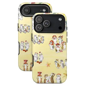 Kawaii Whimsical Cat Phone Case – Adorable Cartoon Cats with Cute Outfits, Biking, Dancing & Playing| Aesthetic Pastel Yellow Protective Cover for iPhone 17 16 15 14 Samsung Galaxy| Perfect Cute Gift for Cat Lovers