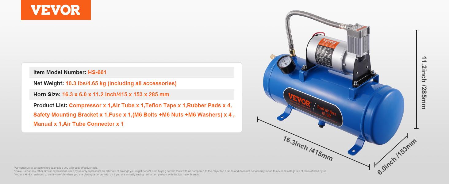 VEVOR 12V Air Compressor with Tank 1.6 Gallon/6 L,  Train Horn Air Compressor, 120 psi Working Pressure Onboard Air Compressor System for Train Air Horns, Inflating Tires, Air Mattresses