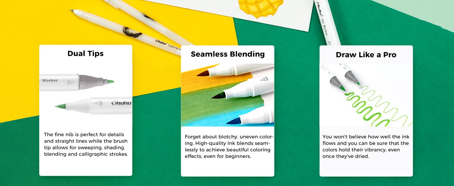 Ohuhu 72-Color Alcohol Markers Set with Dual Tips, Brush & Chisel, Brush & Fine, Refillable Ink - Perfect for Sketching, Drawing & Coloring