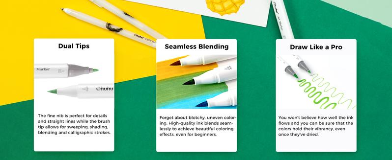 Ohuhu 72-Color Alcohol Markers Set with Dual Tips, Brush & Chisel, Brush & Fine, Refillable Ink - Perfect for Sketching, Drawing & Coloring