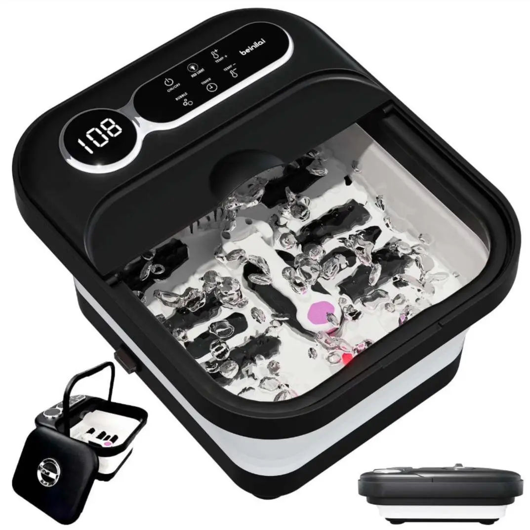 Foldable, self-heating foot cleaner machine; temperature-controlled foot basin with massage rollers, bubbles, rfootrest—perfect gift for family & friends, Mother's Day .Space-Saving foot massager, Womens Gifts, Bathroom Gadget Plastic,  Relaxing Gifts。