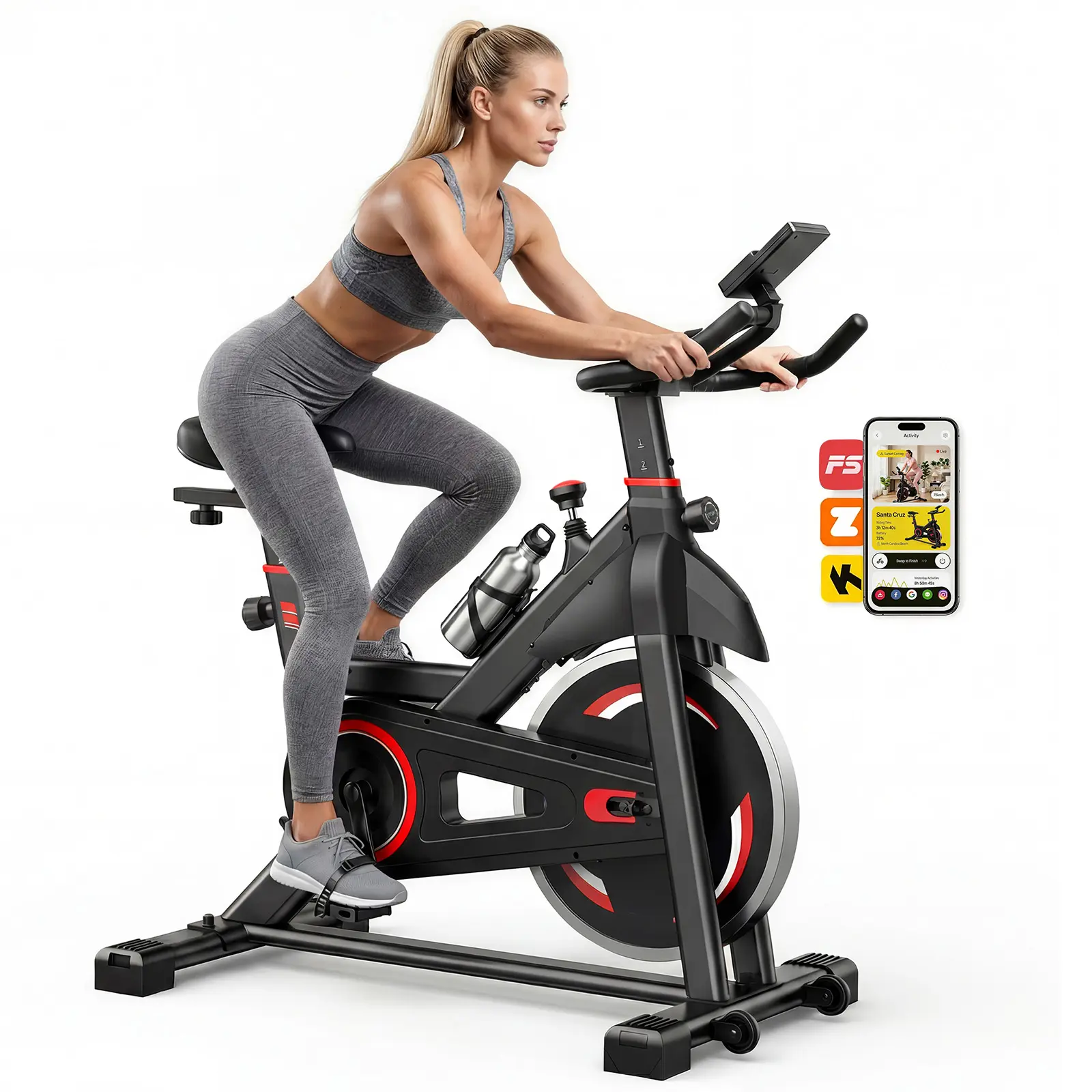 Exercise Bike with APP Control, Brake Pad Stationary Bikes with Quiet Magnetic Resistance, Indoor Cycling Spin Workout Bike with 300.0 lbs Weight Capacity for Living Room, Home, Gym, Orange