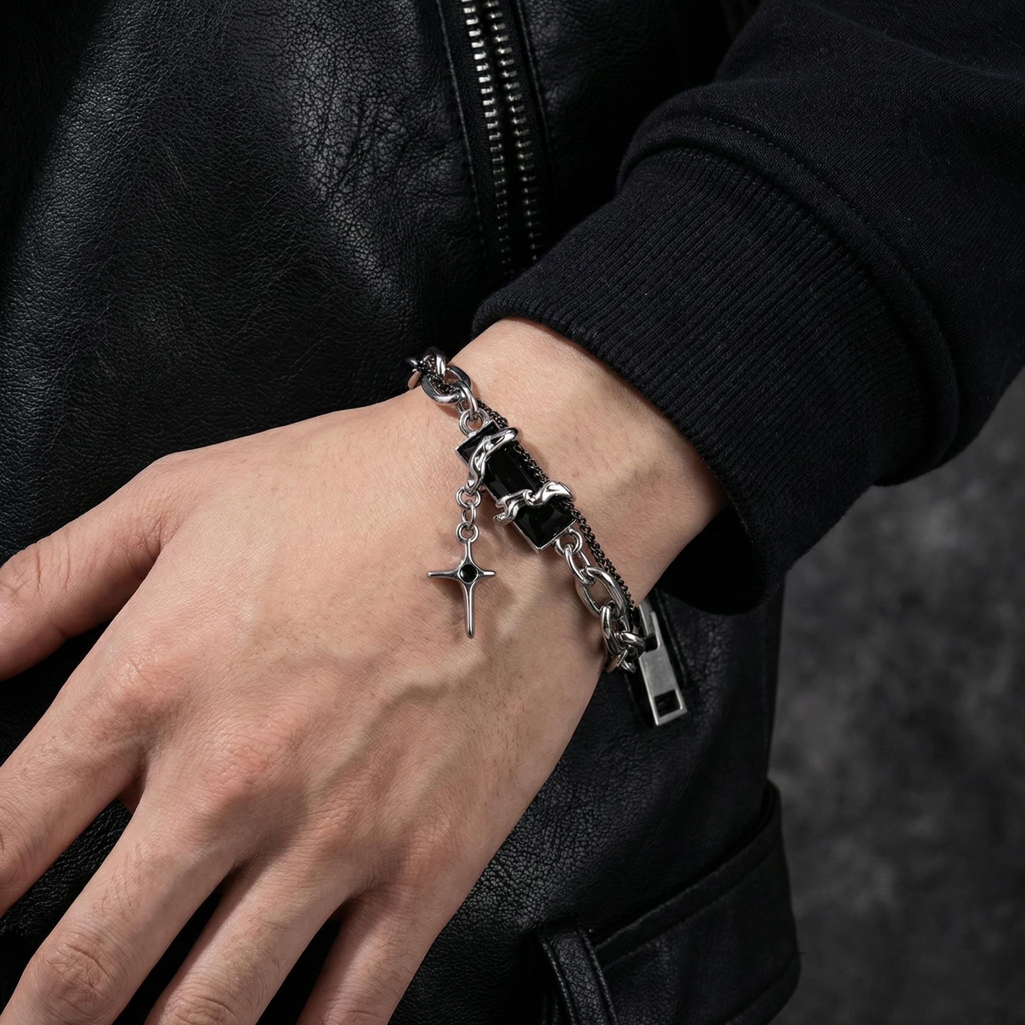 Punk Style Cross Bracelet, Cyber Y2K Silver Tone Chain with Black Stone - Vintage Aesthetic Jewelry for Women Men