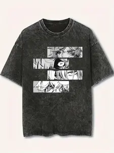 Men's Hell's Paradise Anime Graphic T-Shirt, Vintage Wash, Round Neck Fitted Crewneck, Short-Sleeve Athletic Activewear Sportswear Tops for Everyday Wear