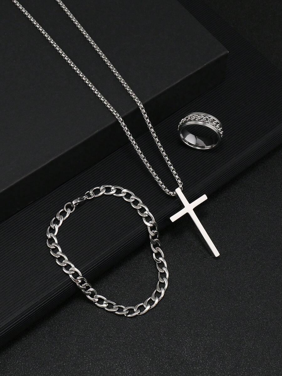 Men's Stainless Steel Cross Pendant Necklace Bracelet & Ring Set Elegant Fashionable Jewelry Gift for Holidays Durable Cohesive Ensemble