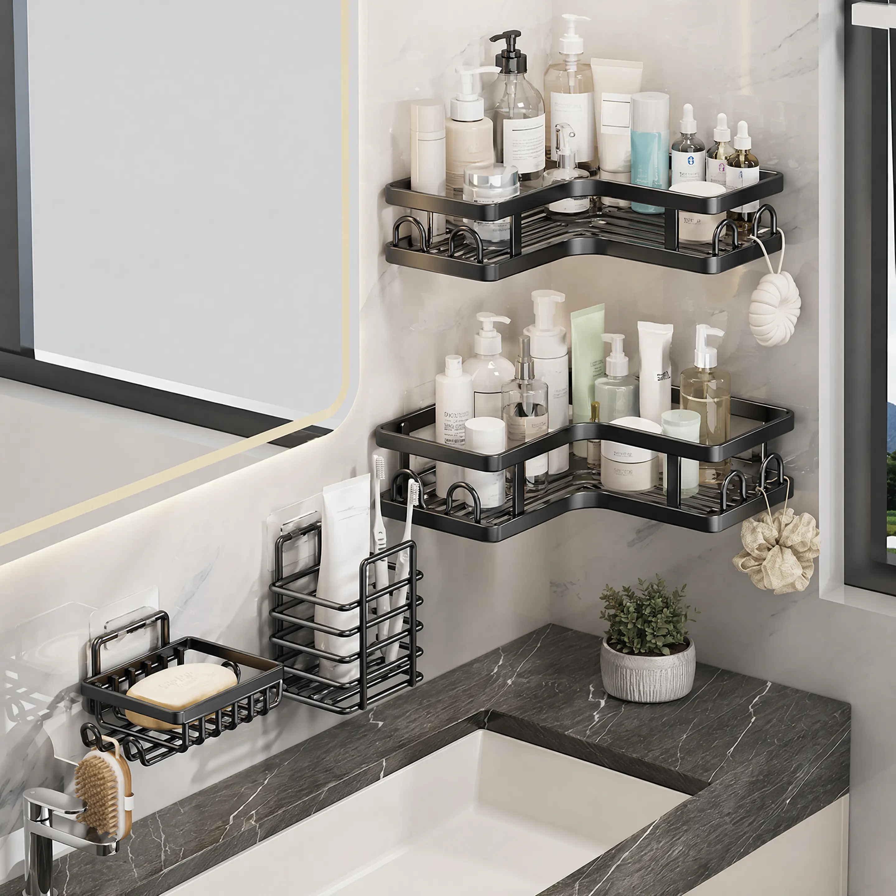 4-Pack Minimalist Wall-Mounted Adhesive Bathroom Organizer Racks - No-Drilling, Rustproof, Stable Metal Shower Caddy, Durable Home Supplies for Bathroom Accessory Storage, Easy Cleaning & Maintenance (Laundry Room Compatible)
