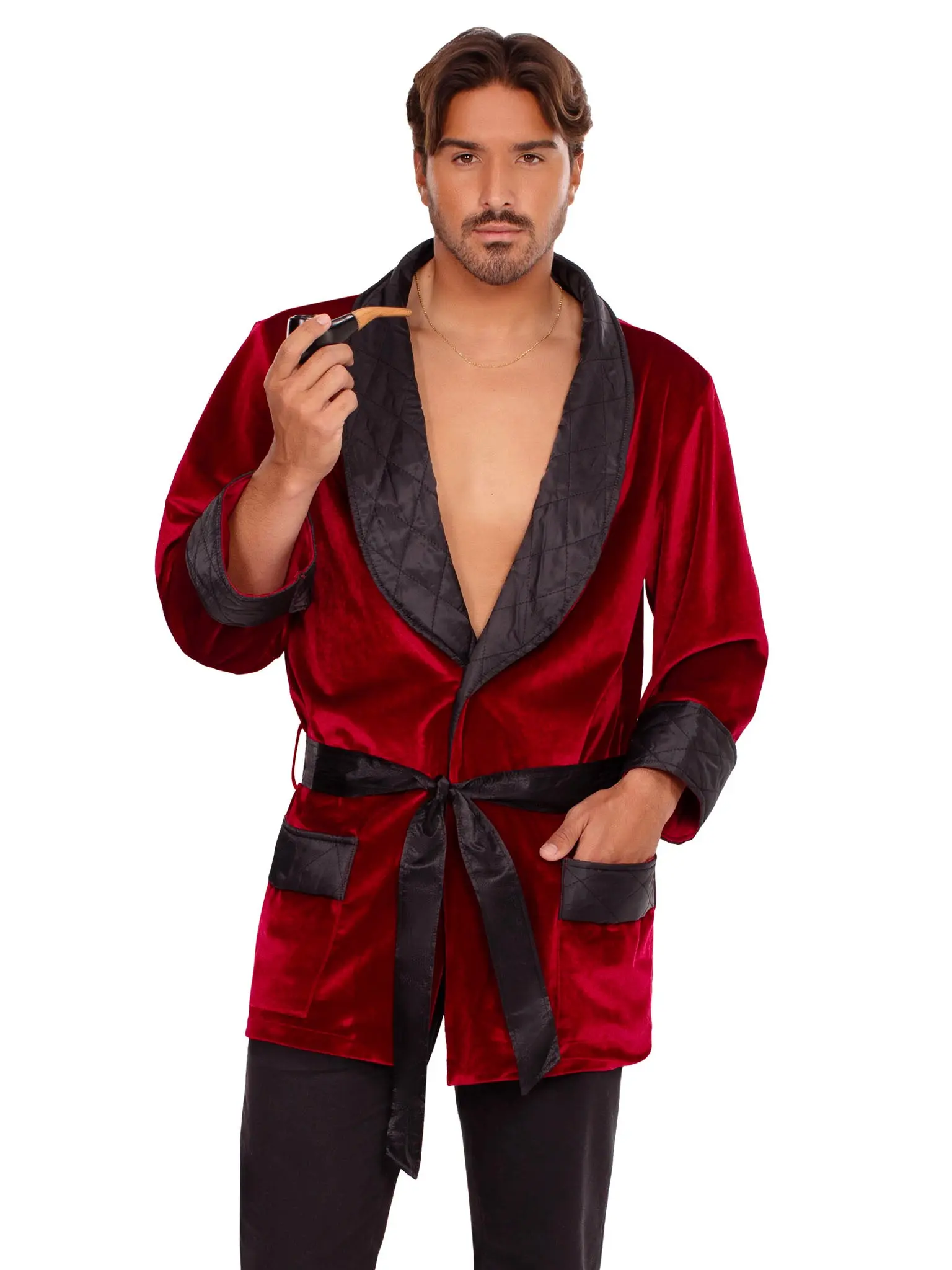 Leg Avenue Men's Smooth Operator Halloween Costume - 3pc Velvet Smoking Jacket Set with Smooth Fabric, Quilted Satin Collar, Pipe, Matching Belt, Relaxed Fit, Bachelor Energy, Cold Wash