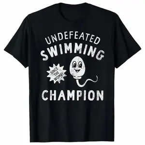 Undefeated swimming champion crew neck short-sleeved top, funny sperm joke unisex T-shirt, humorous satirical printed shirt, novelty T-shirt Womenswear Streetwear