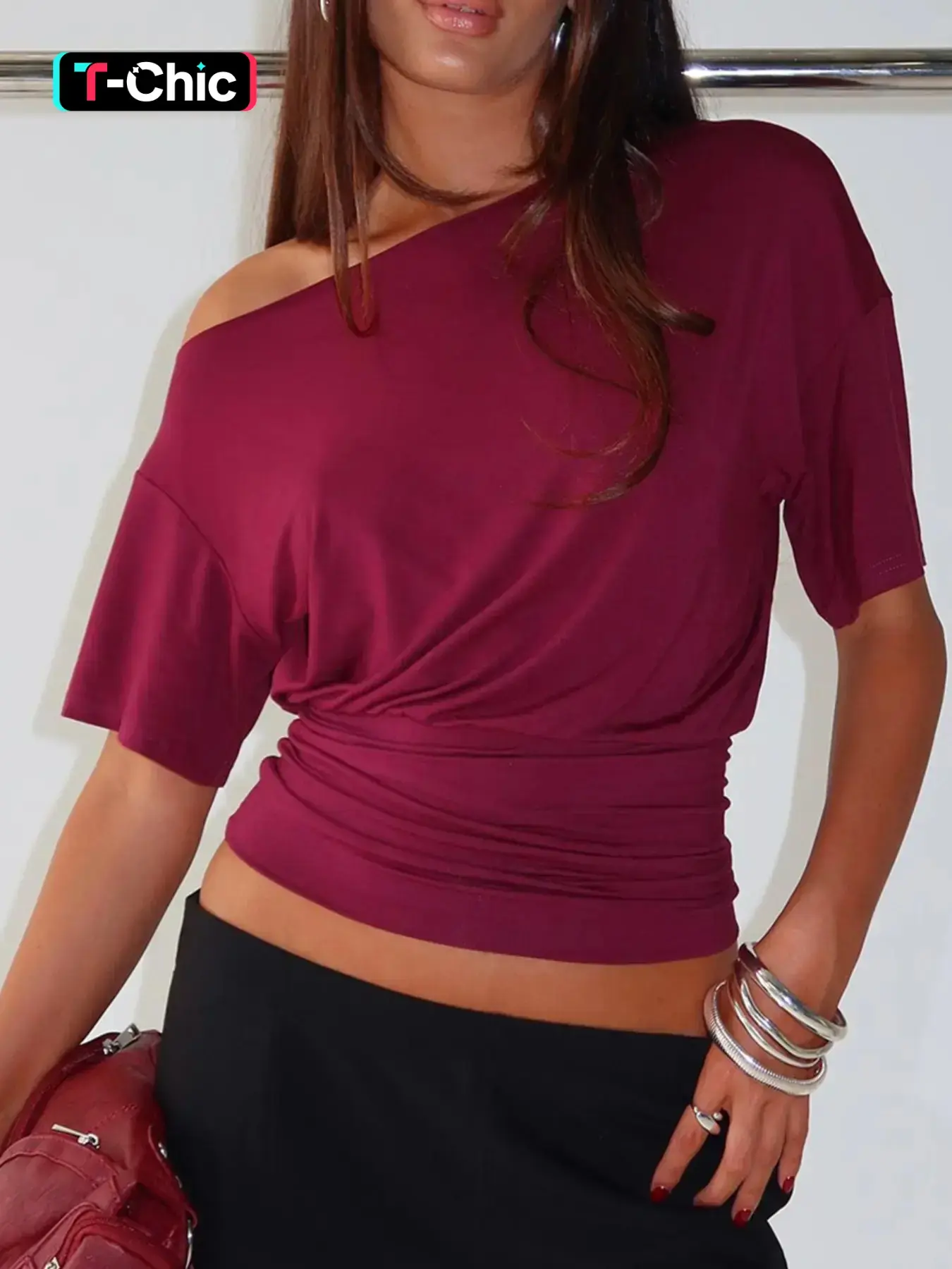 Women's Cinched Waist Asymmetrical One Shoulder Slim Fit Crop Top Sexy Casual Minimalist Solid Off The Shoulder Cropped T-Shirt Fitted