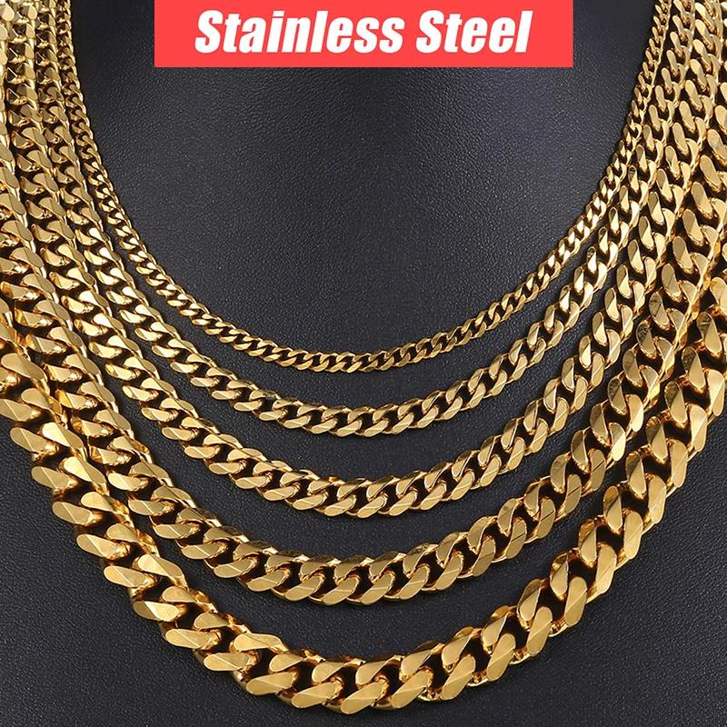 3-11mm Stainless Steel Necklace  for Men Women Cuban Link Chain Gold Color Choker Basic Punk Jewelry 18inch-30inch