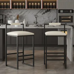 Set of 2 Barstools Faux Leather Upholstered Bar Stools Modern Metal Frame Dining Chairs for Counter, Kitchen Island (Beige) Luxury Round