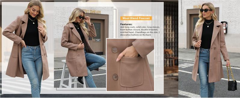 UANEO Women Winter Wool Blend Camel Mid-Long Coat Notch Double-Breasted Lapel Jacket Outwear