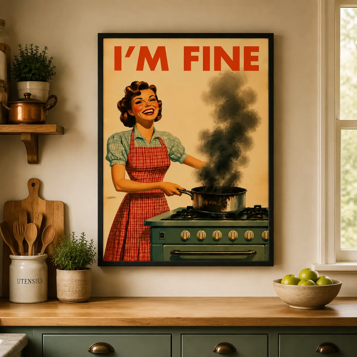 Retro Kitchen Print, Funny 50s Poster, Vintage Cooking Art, Humorous Kitchen Decor, Retro Wall Art Gift Ideas, "I’m Fine" Print Perfect Birthday Gift for Wife or Girlfriend, Cheerful Retro Housewife Illustration with Humorous 'I’m Fine’ Cooking Scene