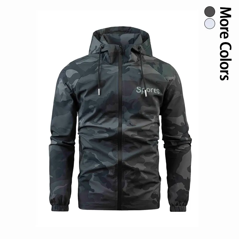 Men’s vintage camouflage hooded jacket with elastic cuffs and zippered pockets, loose fit, suitable for running and casual streetwear