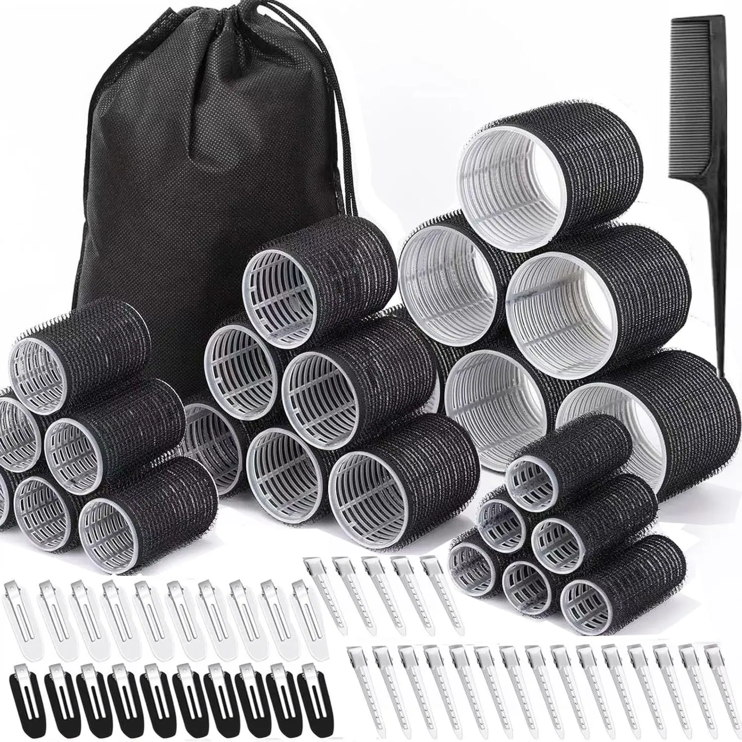 66 count Hair Rollers for Women, Rollers Hair Curlers, 24 count in 4 Sizes(60/48/36/25 Mm) with 40 Stainless Steel Clips, Self Grip Holding Rollers for Hair, Long, Medium, Short, Storage Bag, Comb